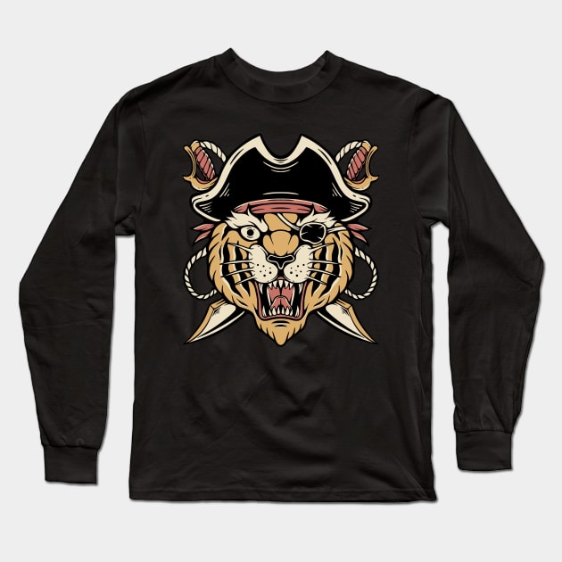 Tiger Pirate Vintage Traditional Tattoo Long Sleeve T-Shirt by Afdhal Project